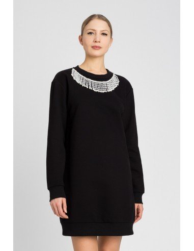 Abito girocollo nero con dettaglio collana di perle felpato twinset